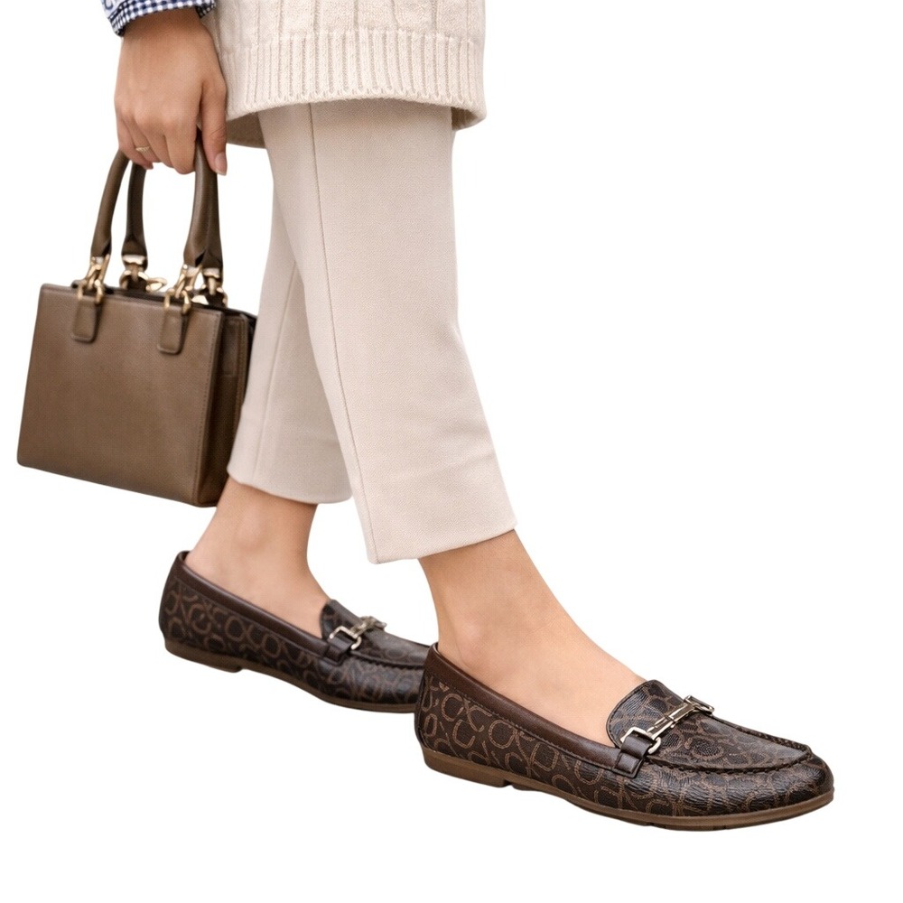 Calvin Klein Brown CK Logo Loafers Womens Flats Monogram Horsebit Style Size 9.5